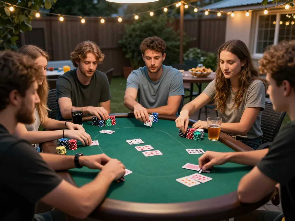 Bạn bè đặt cược trong một trò chơi poker sôi động tại buổi gặp gỡ ngoài trời của B52club dưới ánh sáng ấm áp của buổi tối