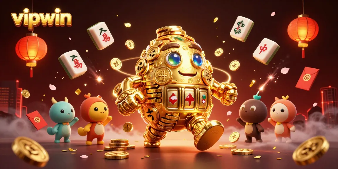 Engage with the vibrant vipwin online casino scene featuring a golden golem and festive game elements.