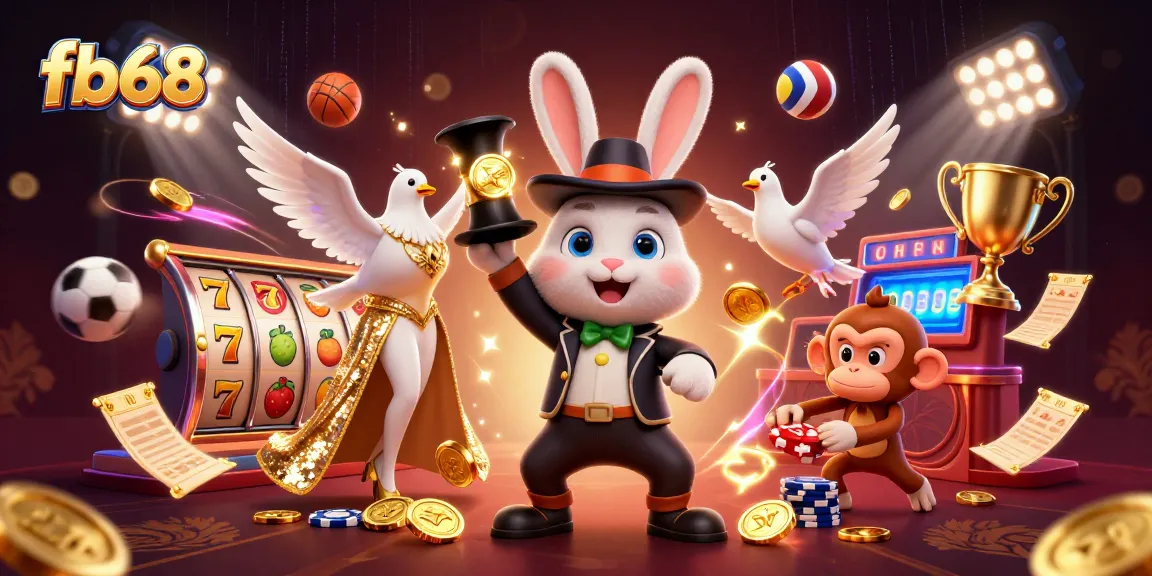 Experience the excitement of fb68 with a dazzling casino scene featuring golden coins and slot machines.