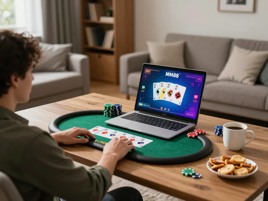 Player engaging in an online poker game on MM88 TODAY with cozy home ambiance and snacks nearby.