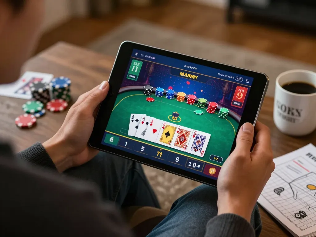Engaging in online gambling with link vao 12bet, showcasing vibrant poker gameplay on tablet in cozy home setting.