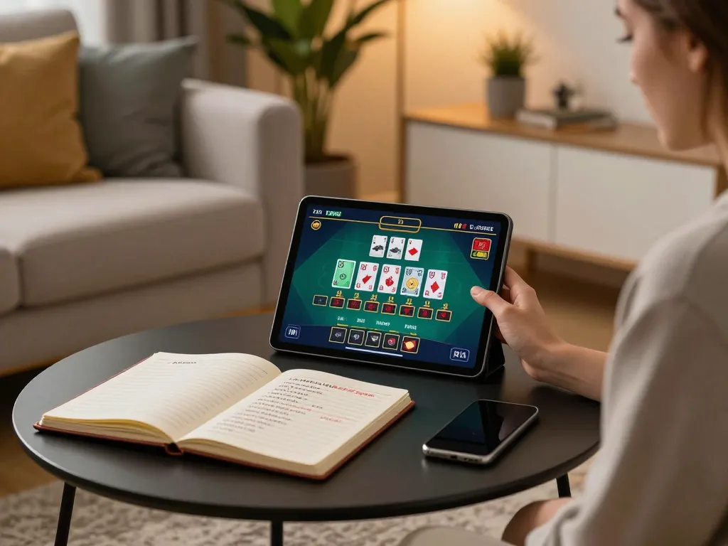 Engaging in a live dealer blackjack game on a tablet featuring 789p and winning strategies in a cozy home atmosphere.