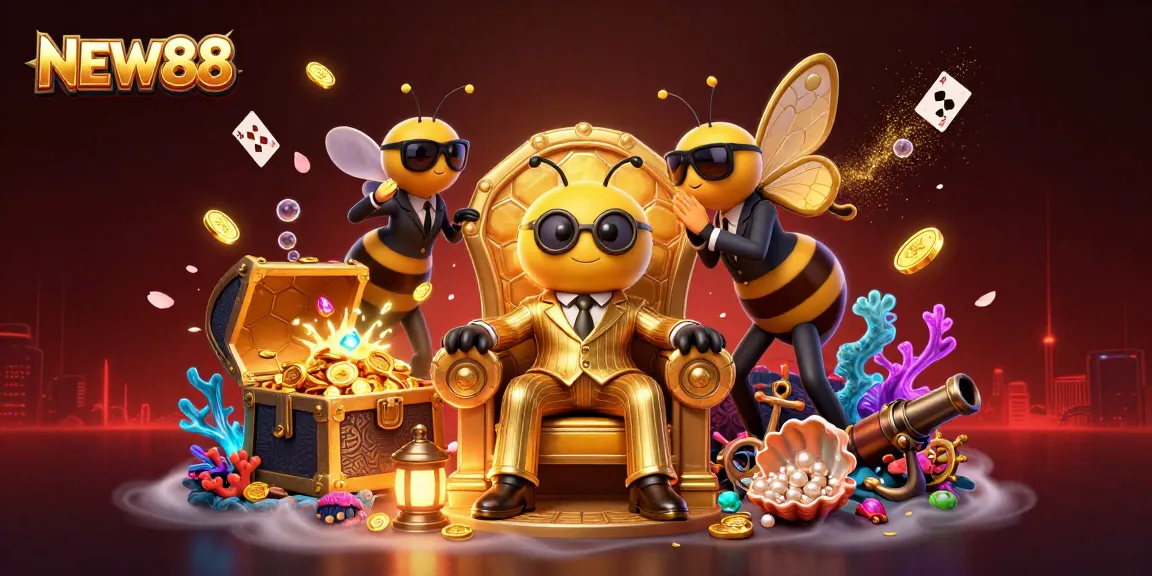 Experience the vibrant world of NEW88 with a thrilling 3D casino scene featuring animated characters and game elements.