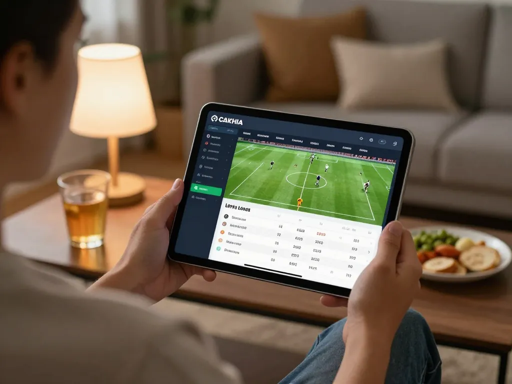 Cakhia app user engaging with live football betting interface at home, emphasizing convenience and excitement.