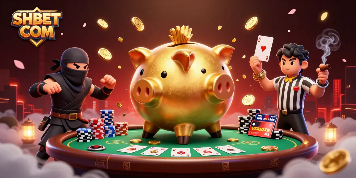 Engage with SHBET COM at a dynamic poker showdown featuring a golden piggy bank sumo wrestler with vibrant casino elements.