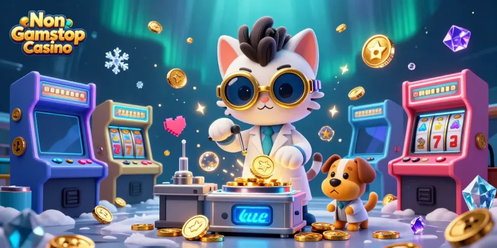 Experience excitement in Non Gamstop Casino with a vibrant 3D scene featuring a mad scientist cat and dog.