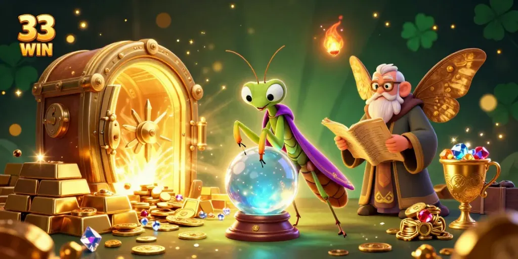 33 WIN energizes players with a vibrant 3D scene filled with gold treasures and mystical elements