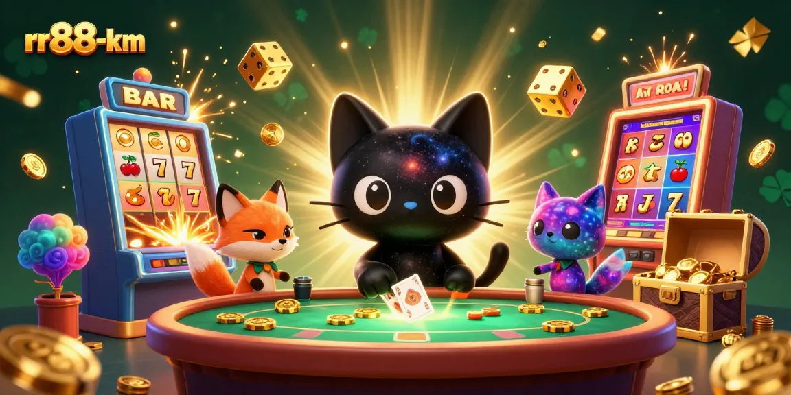 Engage in exciting casino action with rr88-km's cosmic characters and golden chips!