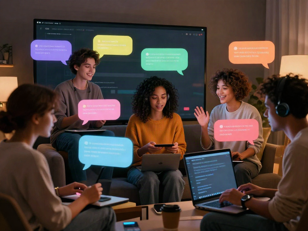 Engaging AI chat porn scene with diverse characters interacting in a cozy virtual space, evoking excitement and connection.