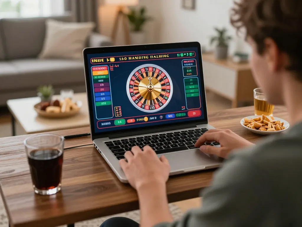 Enjoying a live dealer roulette game on ko66 in a cozy home environment.