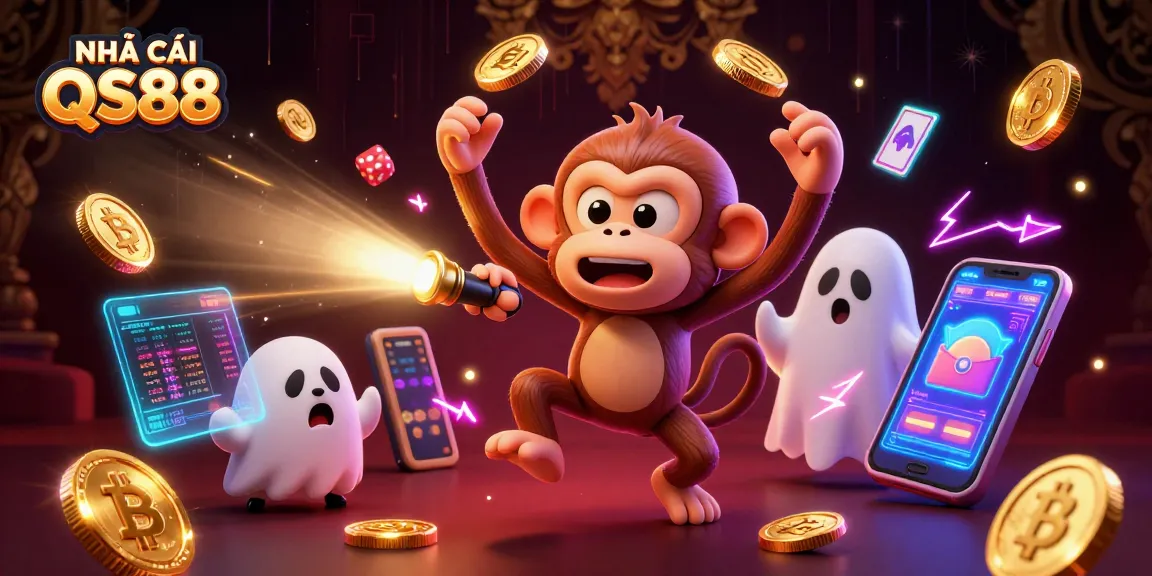 Experience NHÀ CÁI QS88 with a playful monkey and ghost-hunter in a vibrant casino setting.