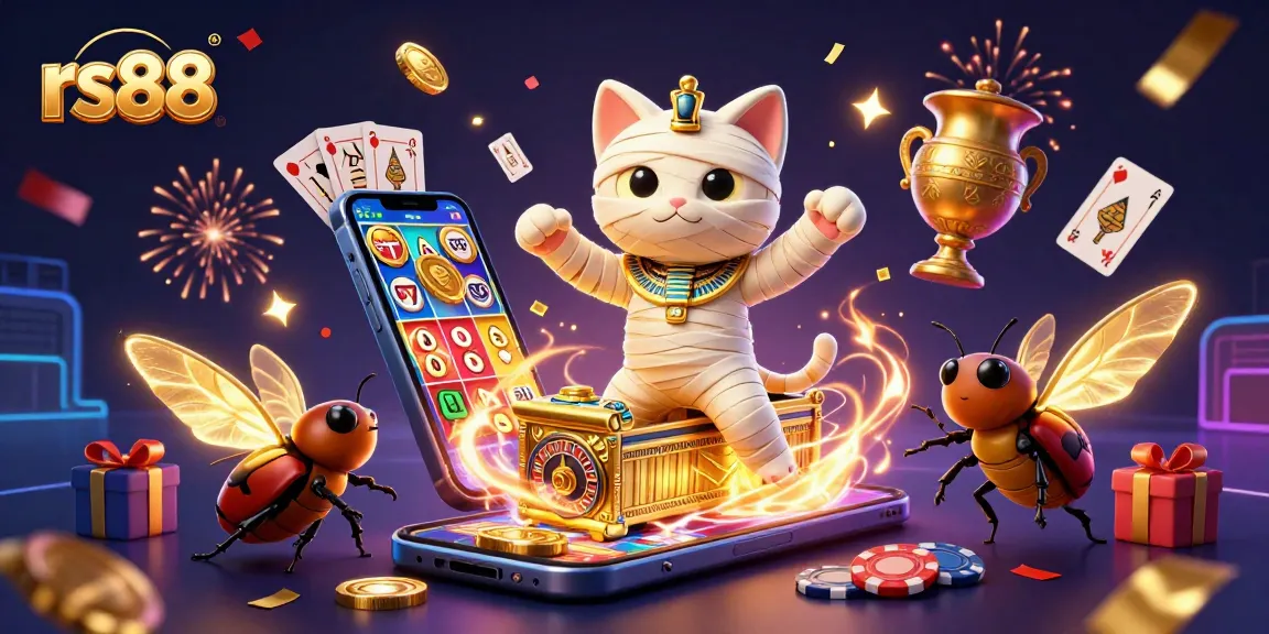 Experience the excitement of rs88 with a vibrant mummy cat and dynamic slot game visual in a casino.