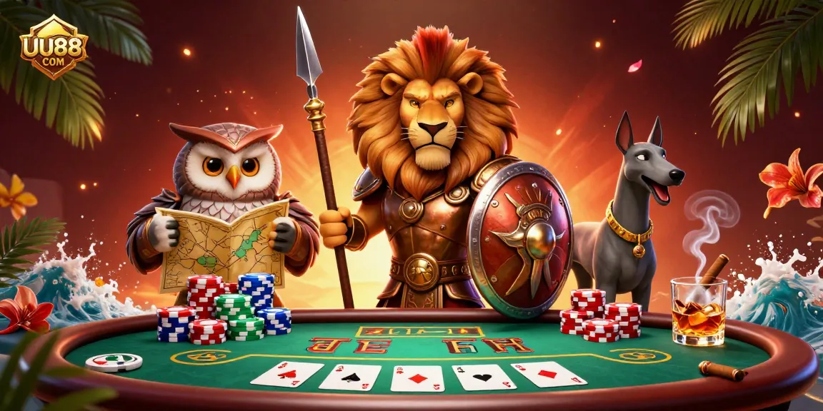 Join the excitement at UU88 COM, where a lion, owl, and greyhound navigate the thrilling poker scene.