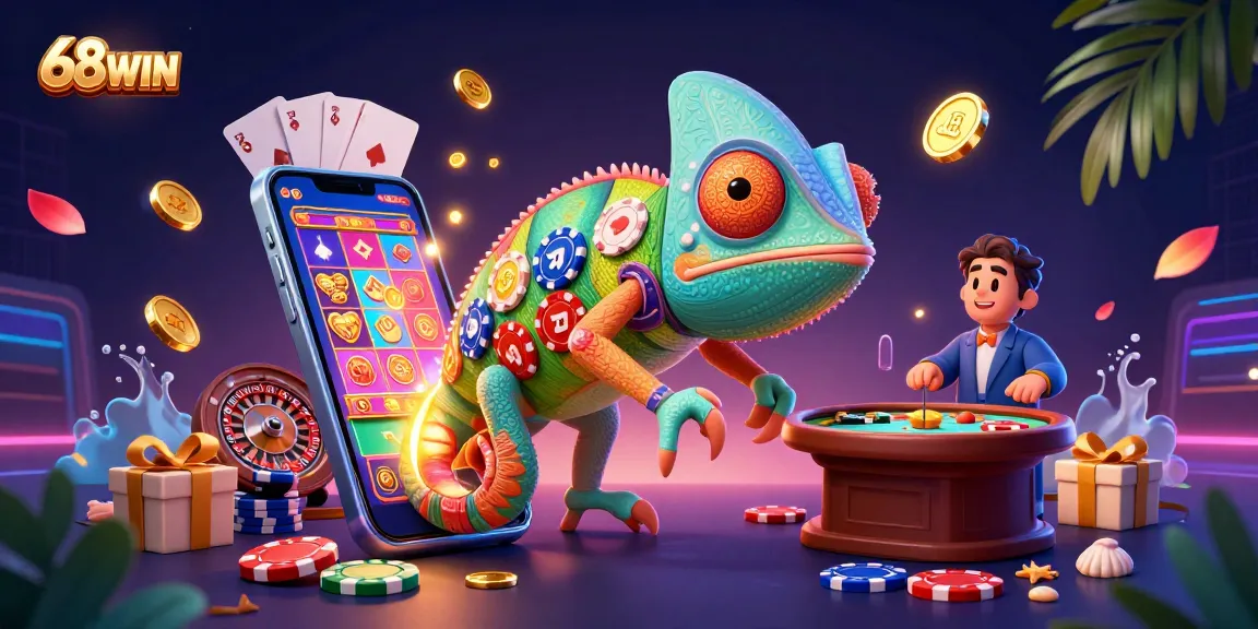 Experience the excitement of 68WIN with an enormous chameleon casino owner amidst gold coins and slot games.