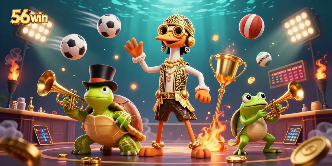 Engage in thrilling gameplay at 56win with a vibrant illustration of 3D characters in a dynamic casino environment.