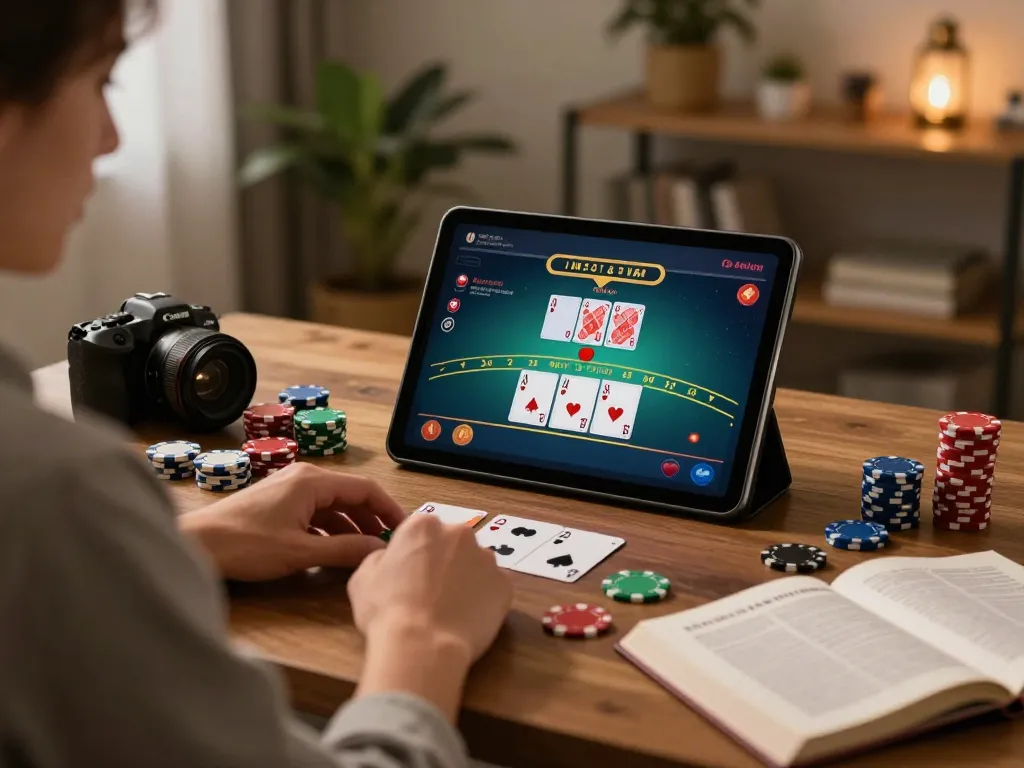 kubet77 player enjoying a live dealer blackjack game on tablet with warm home vibes