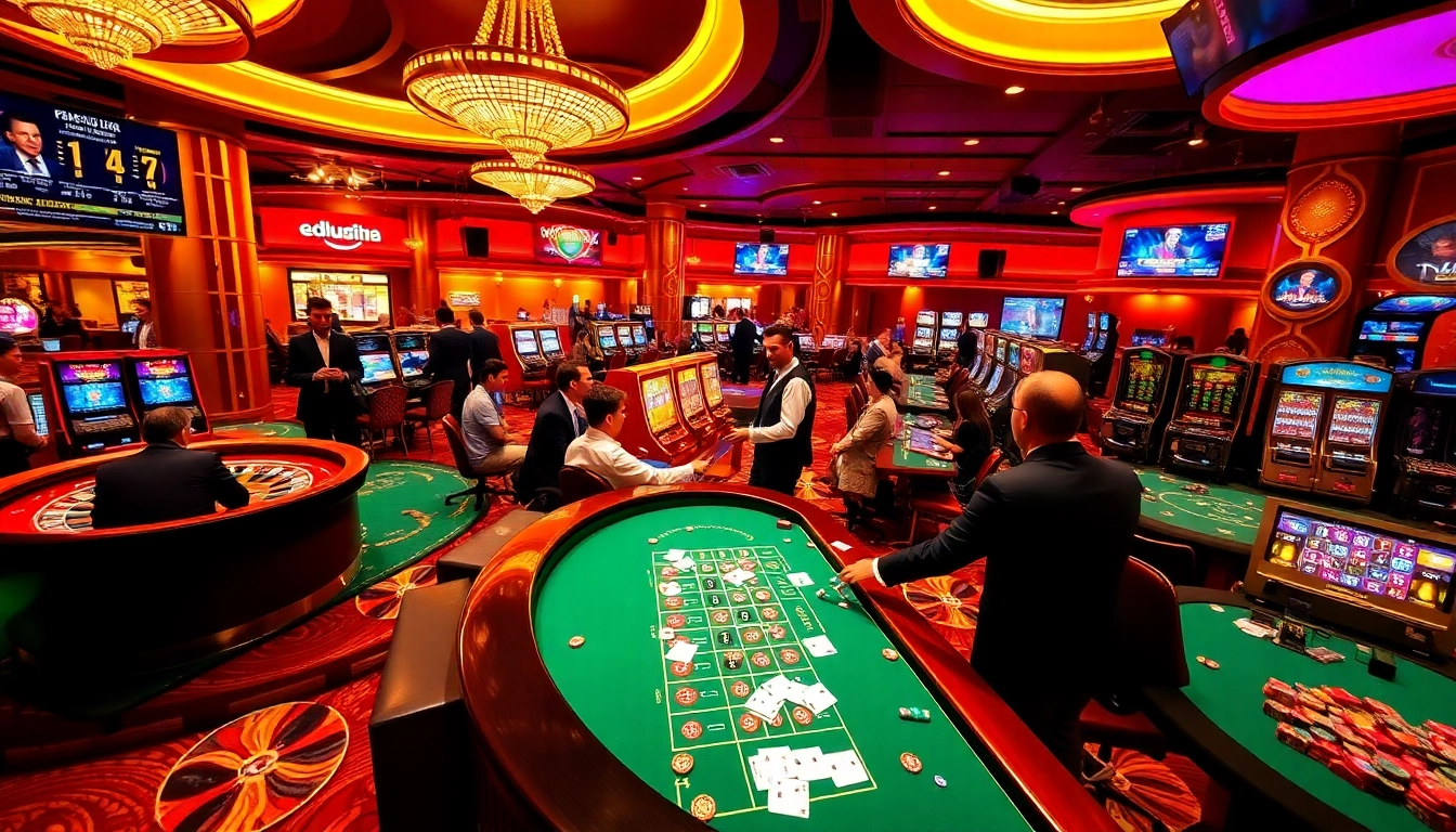 Exciting casino scene showcasing the vibrant atmosphere at https://du88i.com/ with roulette, poker, and slot machines.