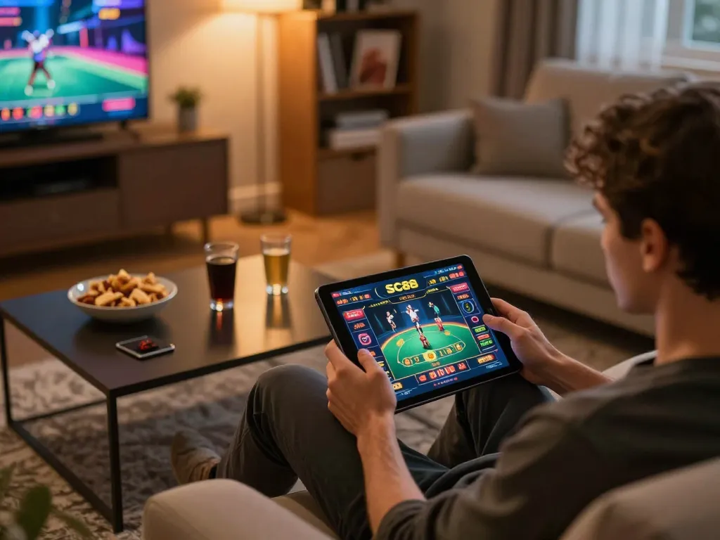 Player engaging with SC88 live dealer game on tablet in cozy home setting