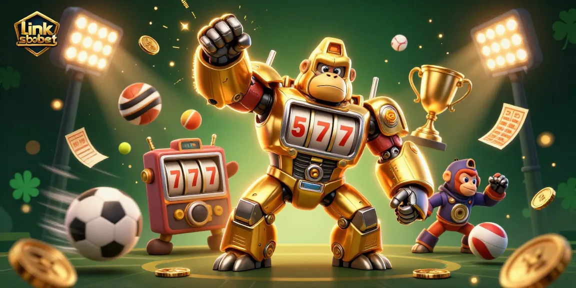 Engage with the excitement of betting using the link sbobet featuring a dynamic 3D gorilla mech surrounded by sports elements.