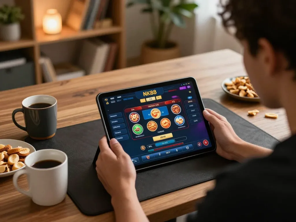 Engaging in NK88 mobile gaming with a stylish tablet setup and warm atmosphere