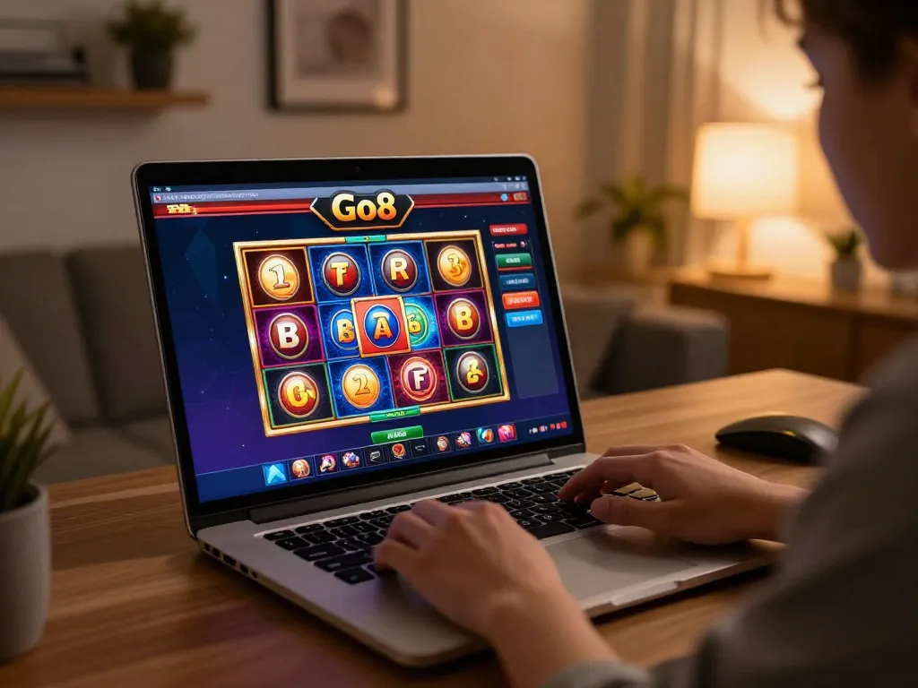Player engaging with Go8 online slot game on a laptop in a cozy home setting.