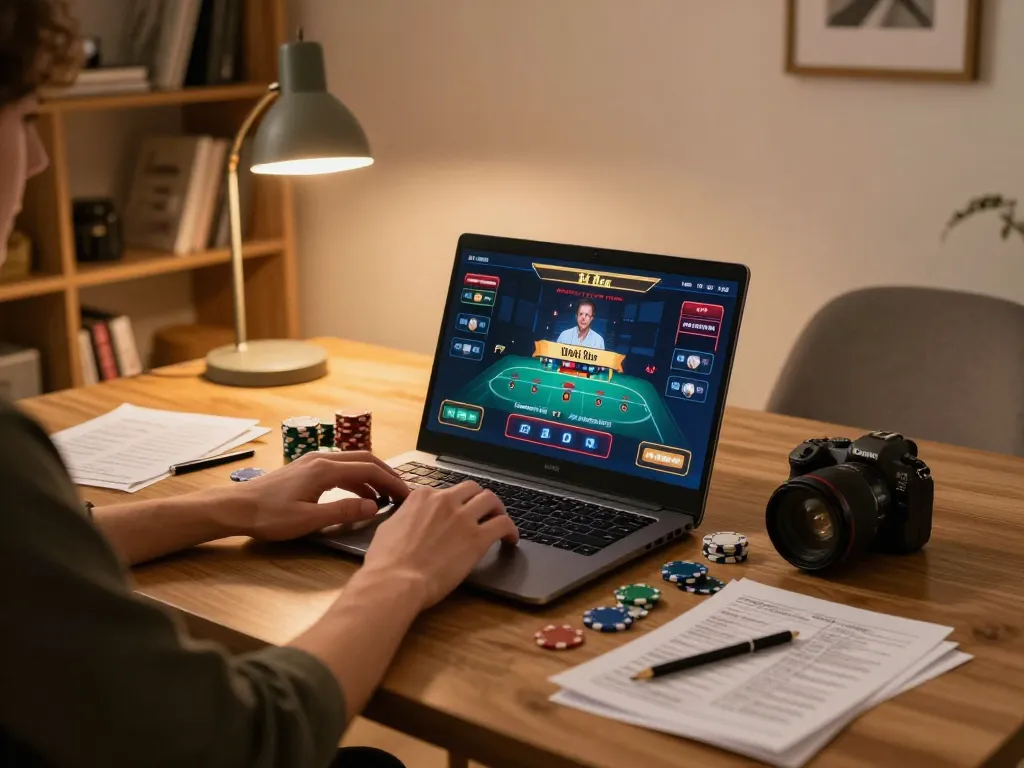 Tài Xỉu gameplay at home, featuring an online casino scene with a laptop displaying the game on taixiuonline8