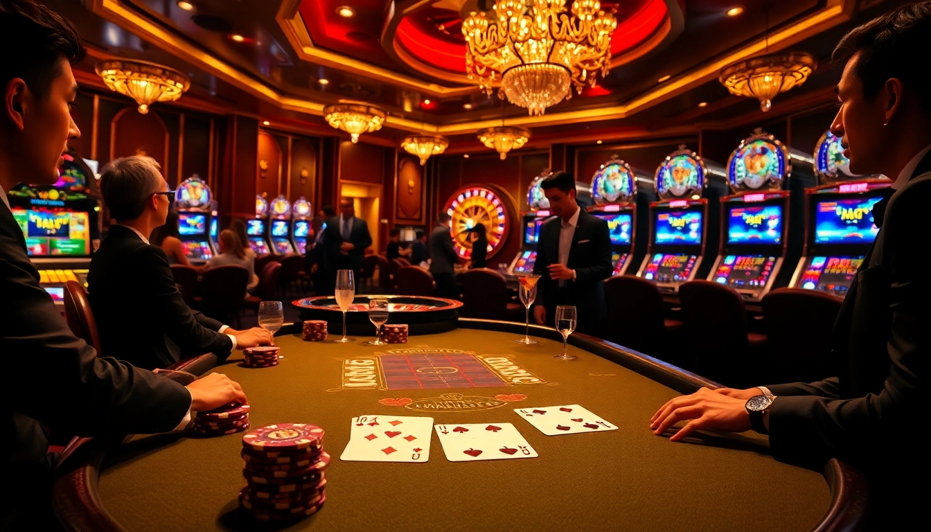 Players enjoying a thrilling poker game at https://debet678.com/ with vibrant casino ambiance and luxurious details.
