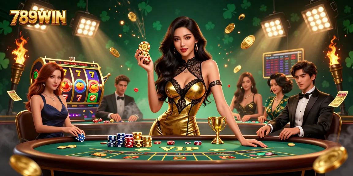 Win big at 789WIN with a glamorous Asian woman at a VIP slot scene, showcasing excitement and luxury in gambling