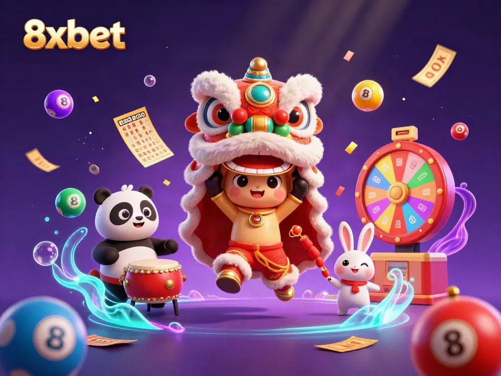 Engage with 8xbet through festive characters in a dynamic casino scene featuring lottery elements.