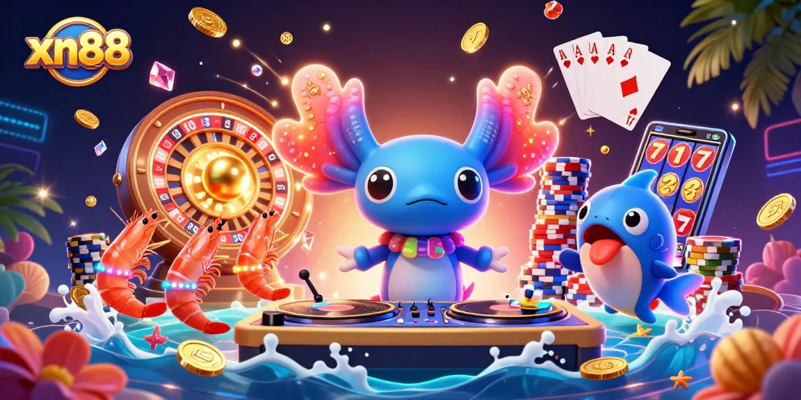 Engage with xn88’s vibrant casino scene featuring a neon axolotl DJ and animated shrimp.