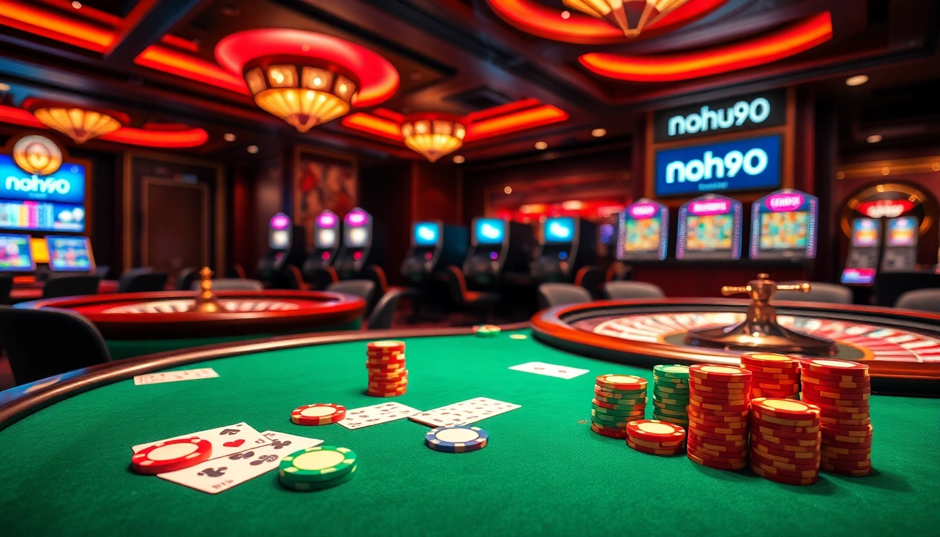 Nohu90 casino scene showcasing an elegant poker table with chips and cards, inviting gamblers.
