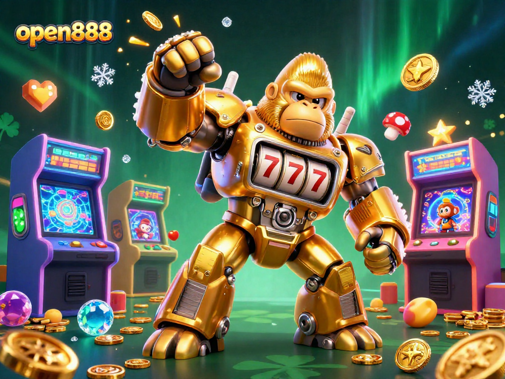 Engage with open888's dynamic 3D casino scene featuring a golden gorilla mech and arcade elements.