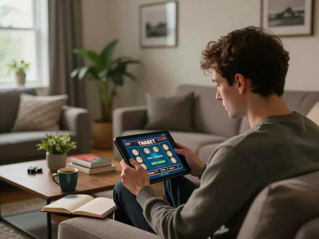 Engaging with THABET online casino games on a tablet in a cozy living room.