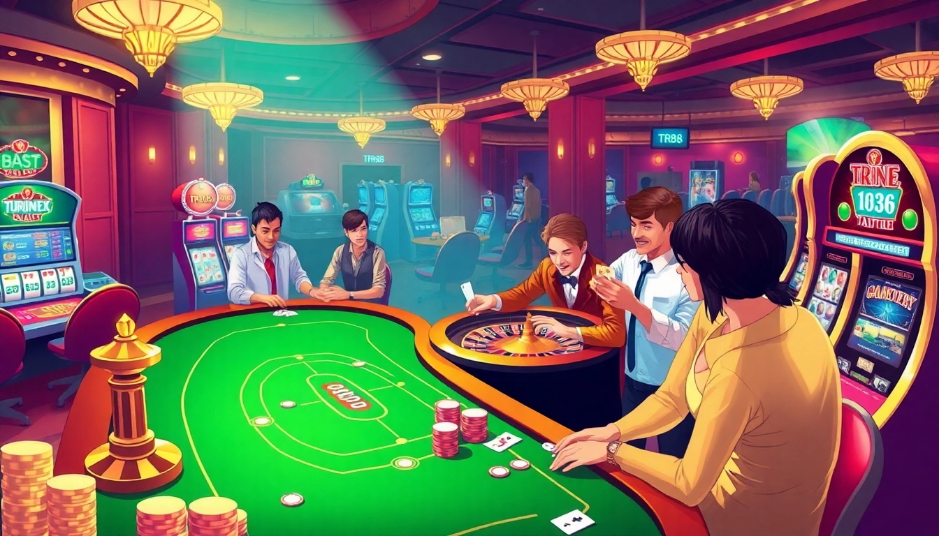 Players strategically placing bets at TR88 casino tables filled with excitement and vibrant gaming elements.