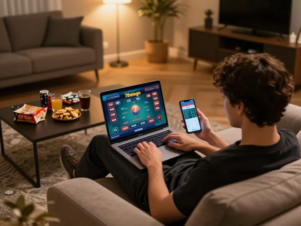 Engaging with live dealer games on a laptop at home, showcasing the vibrant experience at 78wingo.