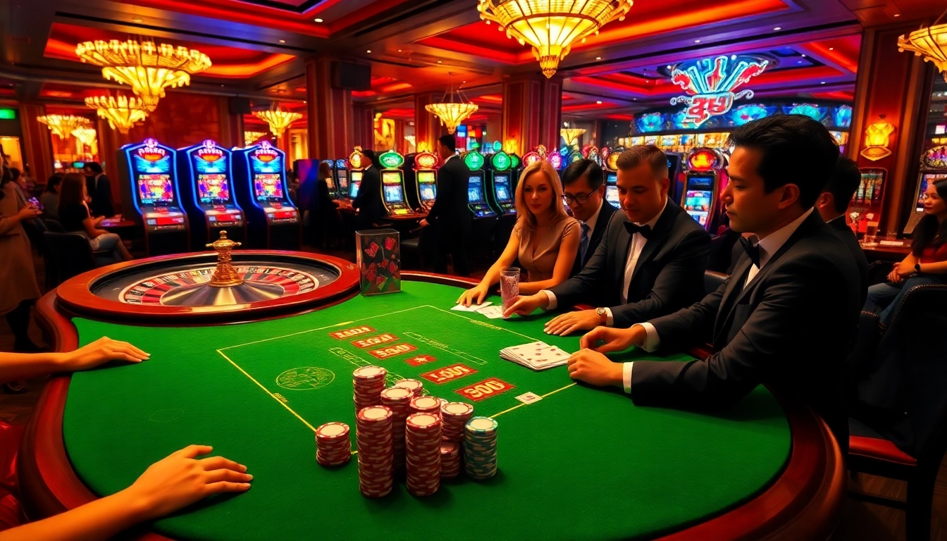 Experience cm88 with a high-stakes poker game featuring elegant players and vibrant casino visuals.