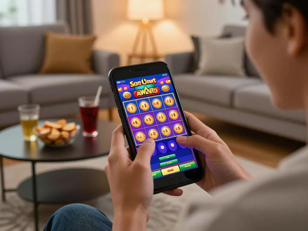 Playing exciting Slot Malaysia games on a mobile app in a cozy home setting.