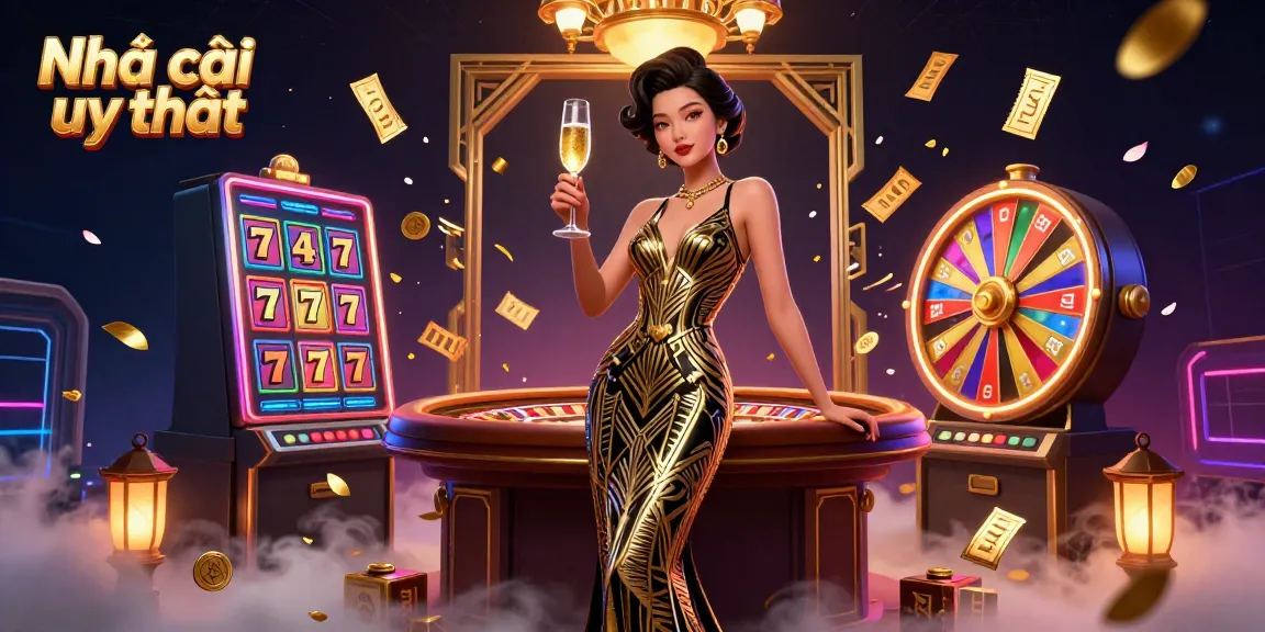 Experience Nhà cái uy tín with a glamorous Asian woman showcasing the excitement of slot gaming.