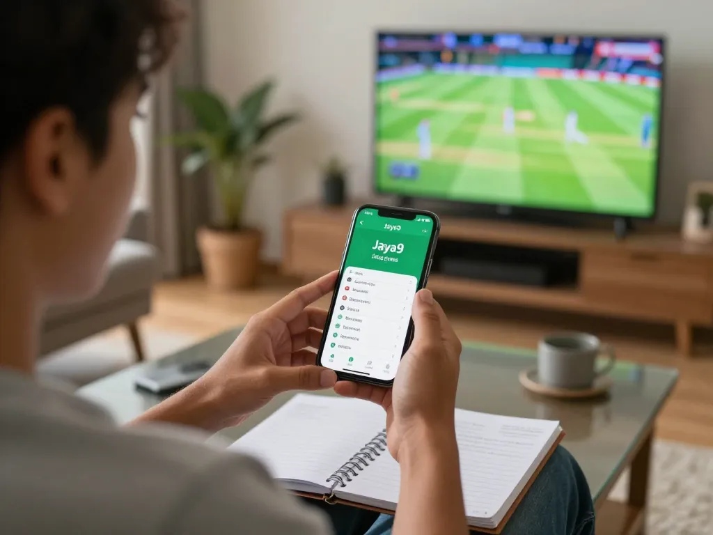 Engaging in joya9 best cricket betting on a smartphone in a cozy home setting.