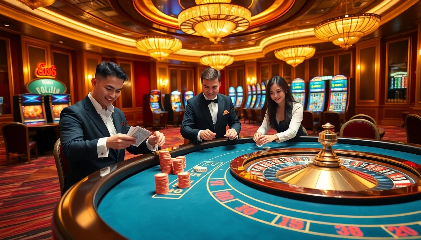 Exciting online casino scene featuring professional dealers with 'trang chủ da88' elements, vibrant games, and luxury.