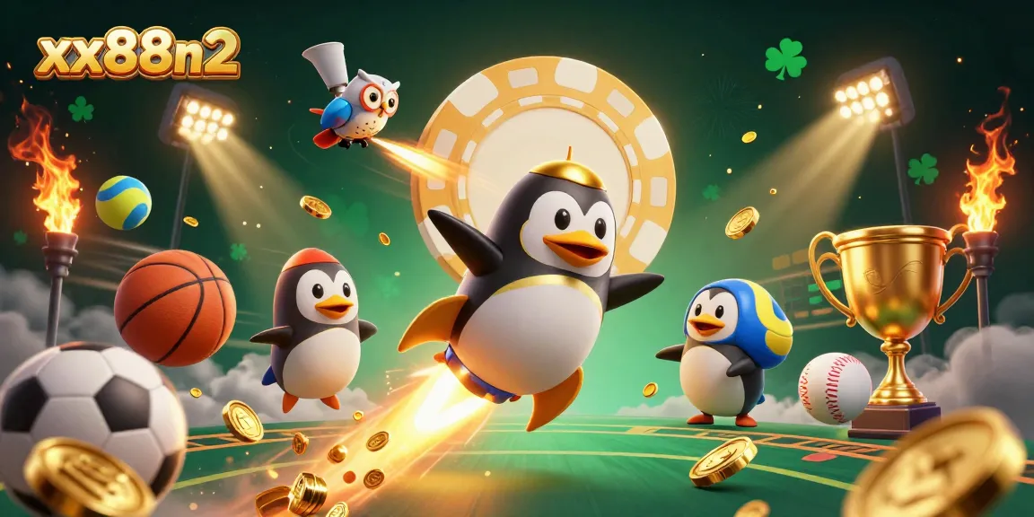 Join the excitement at xx88n2 with this dynamic scene featuring a golden penguin and casino elements.