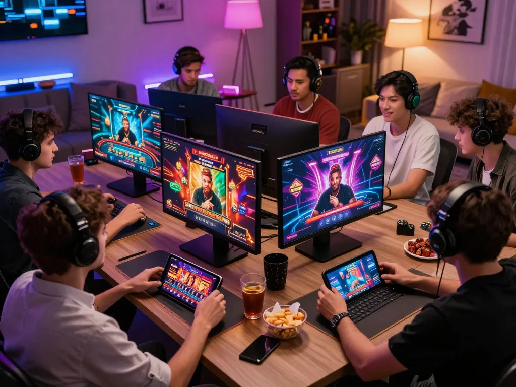 Engaging online gaming scene at hit club with diverse players enjoying various games and vibrant graphics.