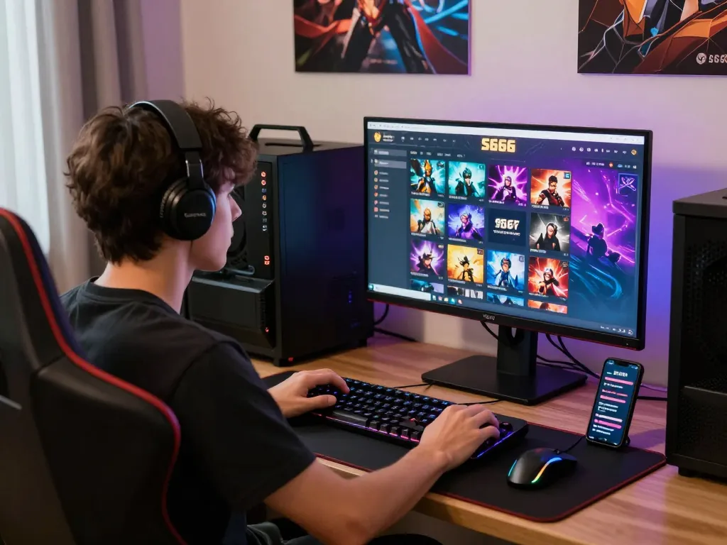 Player engaged in S666 online gaming with vibrant graphics and gaming setup.
