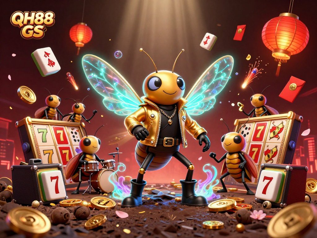 Engage in winning strategies with QH88 GS through a vibrant 3D illustration of a rock star cicada and casino games.
