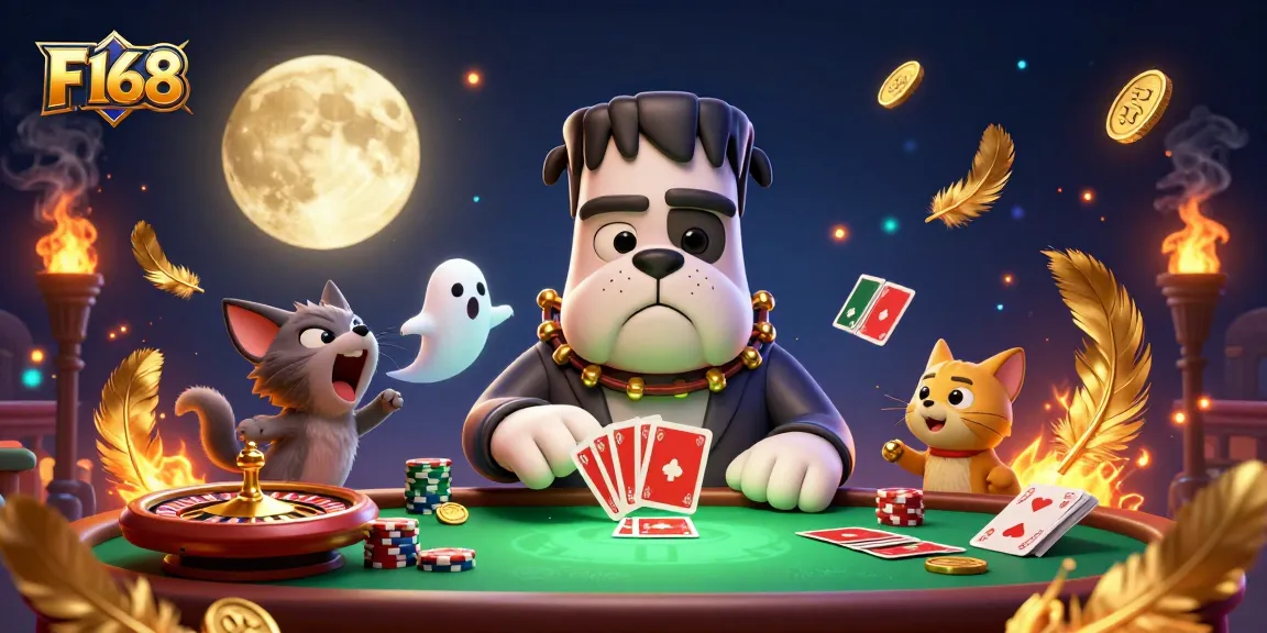 Join the thrilling world of F168 as a Frankenstein bulldog deals cards at a spooky casino table.