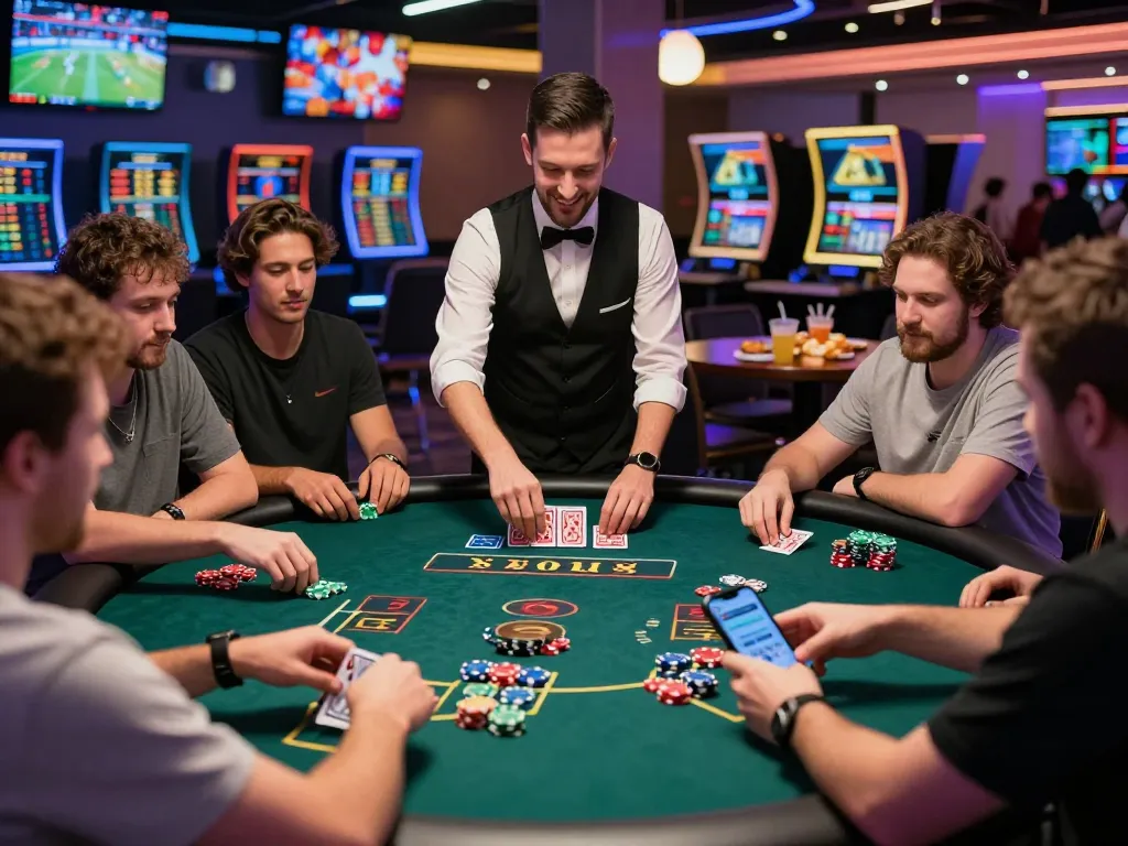 Diverse players enjoying an exciting game at xx88 online casino with professional dealer and vivid casino ambiance.
