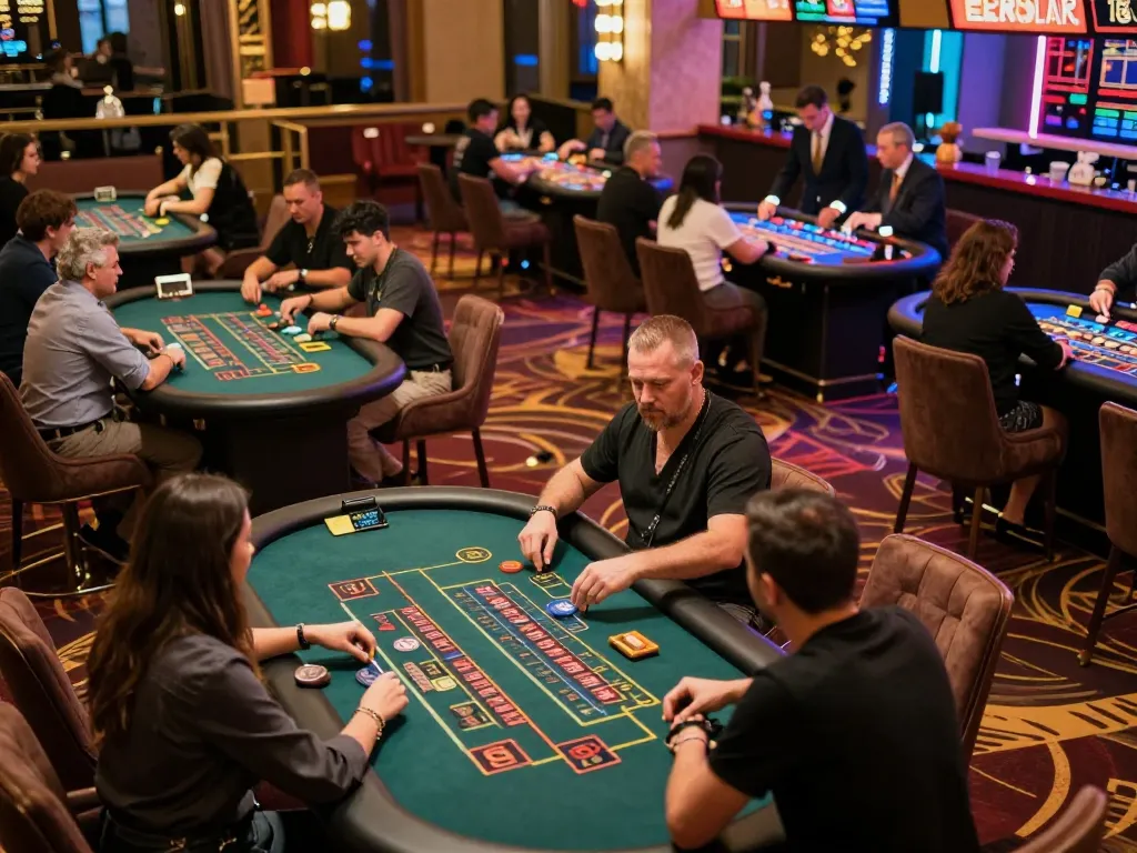 Players enjoying SC88 games at a lively casino gaming floor with exciting atmosphere.