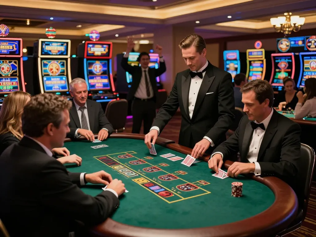 Players engaging at a blackjack table in 58win com, betting with excitement in an upscale casino.