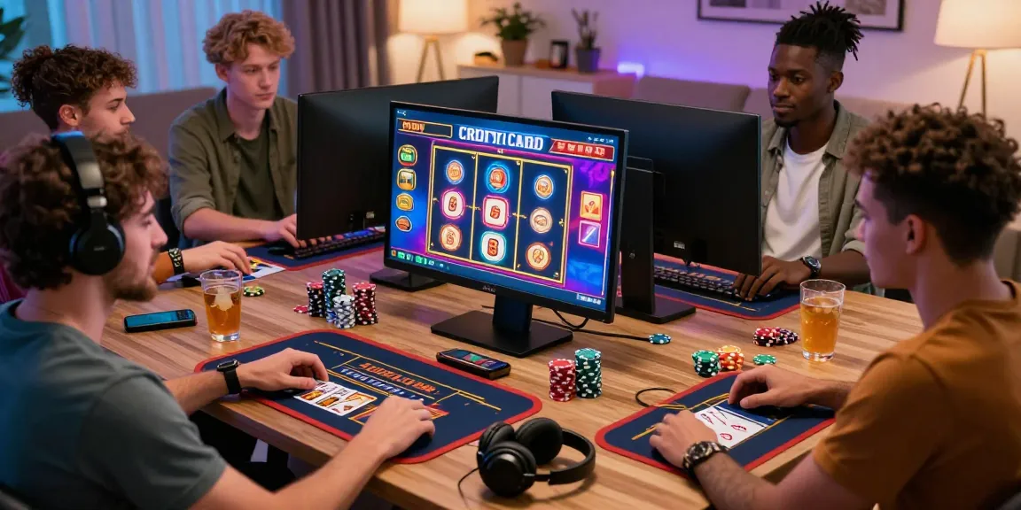 Engaging scene of players enjoying credit card casinos UK games in a modern gaming setup with vibrant visuals and accessories.