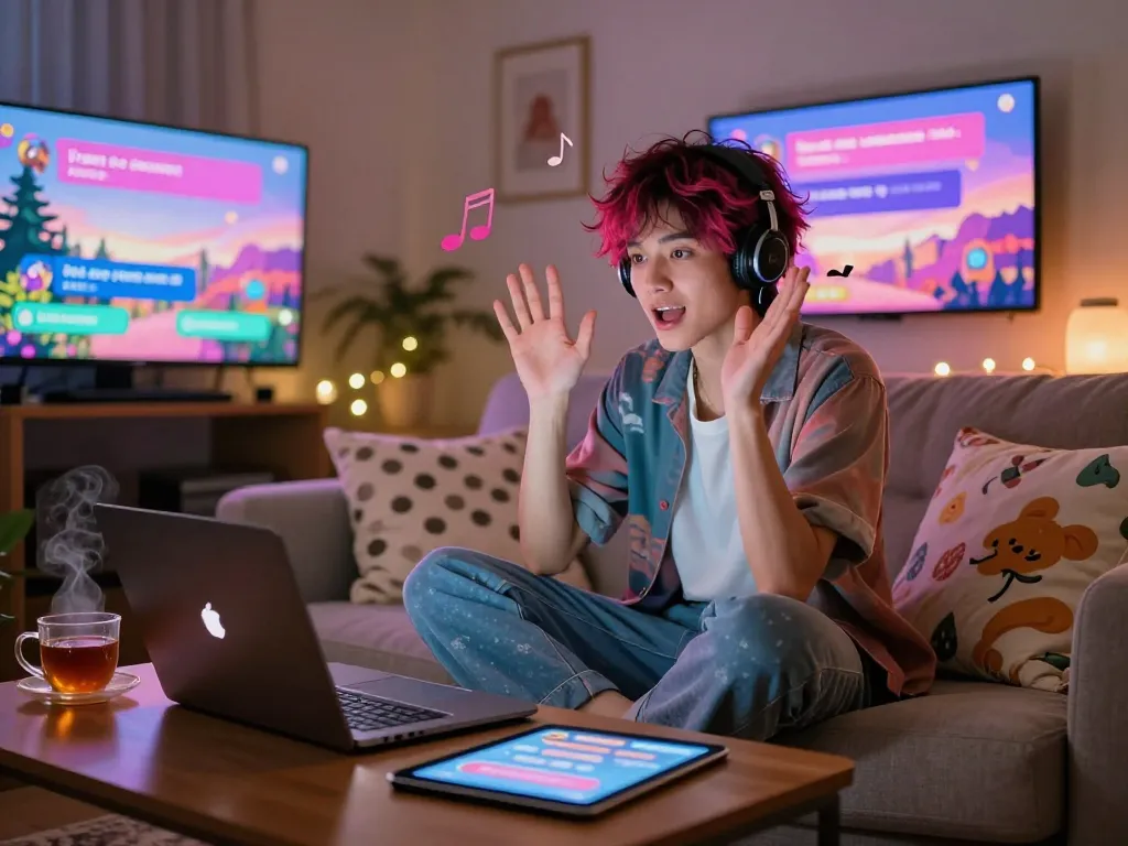 Engaging AI porn chat scene with a vibrant character in a cozy environment, showcasing modern digital interaction.